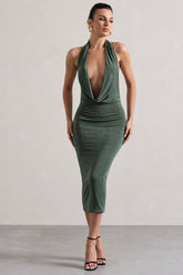 Sage Green Cowl-Neck Midi Dress